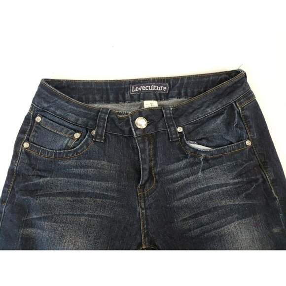 Premium Love Culture Jeans Juniors Size 7 Blue Dark Wash Denim Bling Bell Bottom - Picture 3 of 9